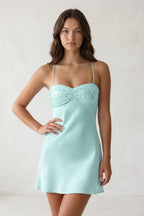 Sky Blue Spaghetti Straps Sheath Satin Homecoming Dress With Sequins - Curvevia