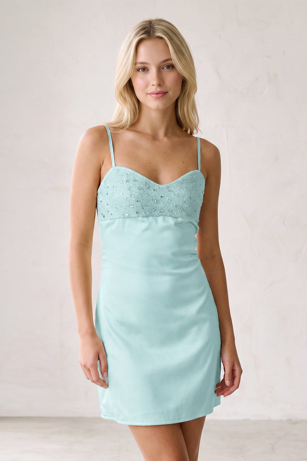 Champagne Spaghetti Straps Sheath Rhinestones Satin Homecoming Dress with Tie Back - Curvevia
