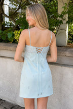 Aqua Spaghetti Straps Sheath Satin Homecoming Dress With Beading - Curvevia