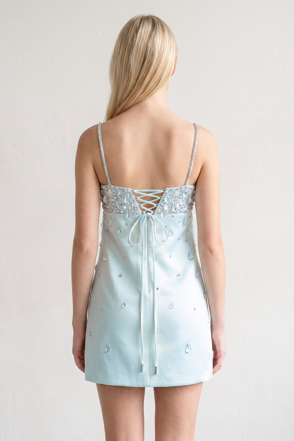 Aqua Spaghetti Straps Sheath Satin Homecoming Dress With Beading - Curvevia