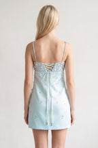 Aqua Spaghetti Straps Sheath Satin Homecoming Dress With Beading - Curvevia