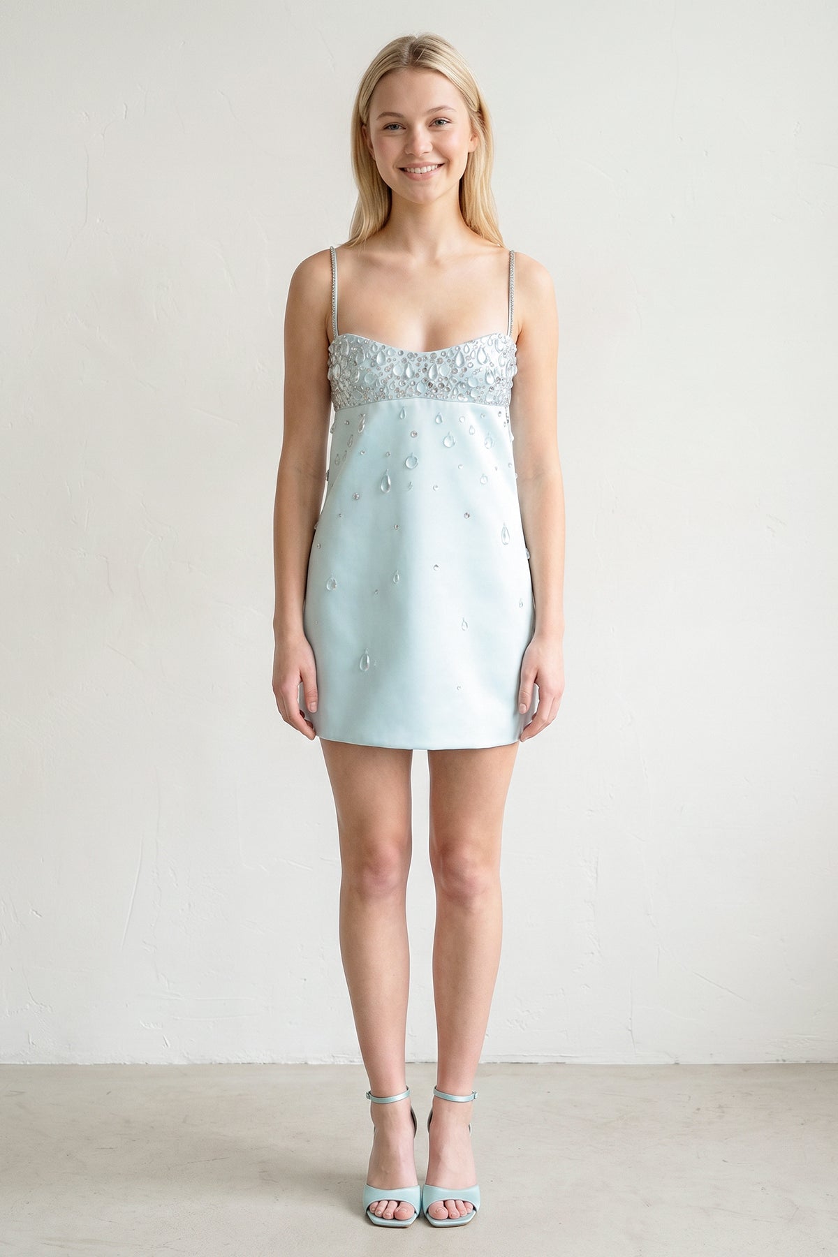 Aqua Spaghetti Straps Sheath Satin Homecoming Dress With Beading - Curvevia