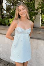 Aqua Spaghetti Straps Sheath Satin Homecoming Dress With Beading - Curvevia