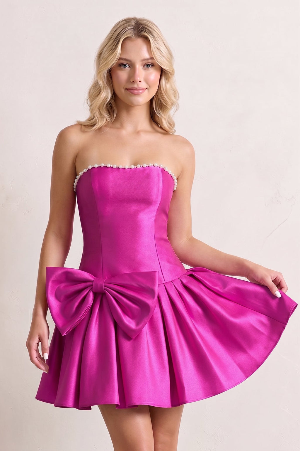 Aqua Strapless A-Line Satin Ruched Bow Homecoming Dress With Pearl - Curvevia