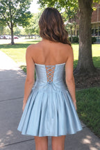 Aqua Strapless A-Line Satin Ruched Bow Homecoming Dress With Pearl - Curvevia