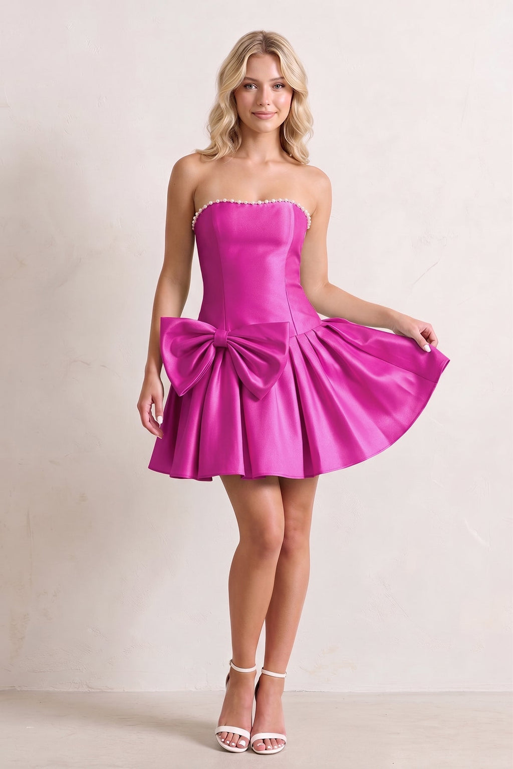 Aqua Strapless A-Line Satin Ruched Bow Homecoming Dress With Pearl - Curvevia