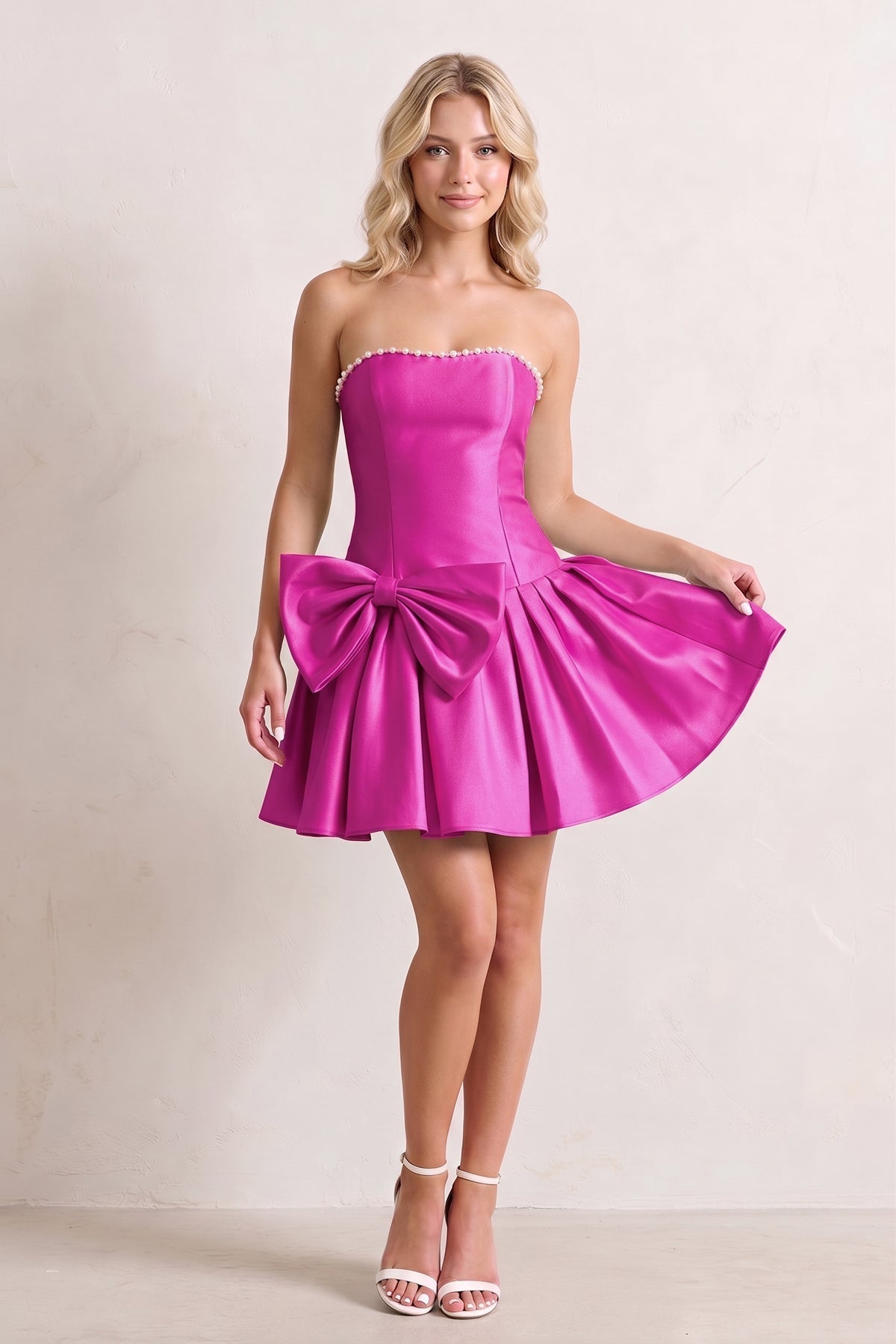 Aqua Strapless A-Line Satin Ruched Bow Homecoming Dress With Pearl - Curvevia