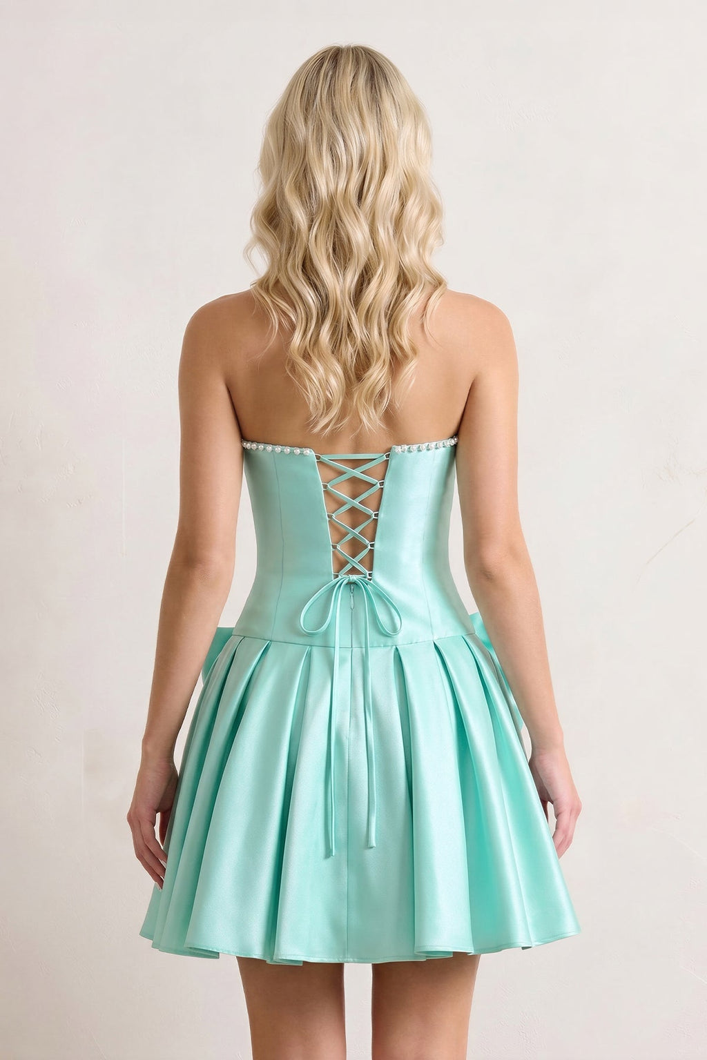 Aqua Strapless A-Line Satin Ruched Bow Homecoming Dress With Pearl - Curvevia