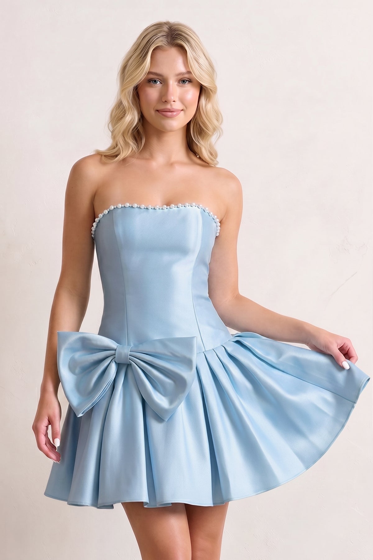 Aqua Strapless A-Line Satin Ruched Bow Homecoming Dress With Pearl - Curvevia
