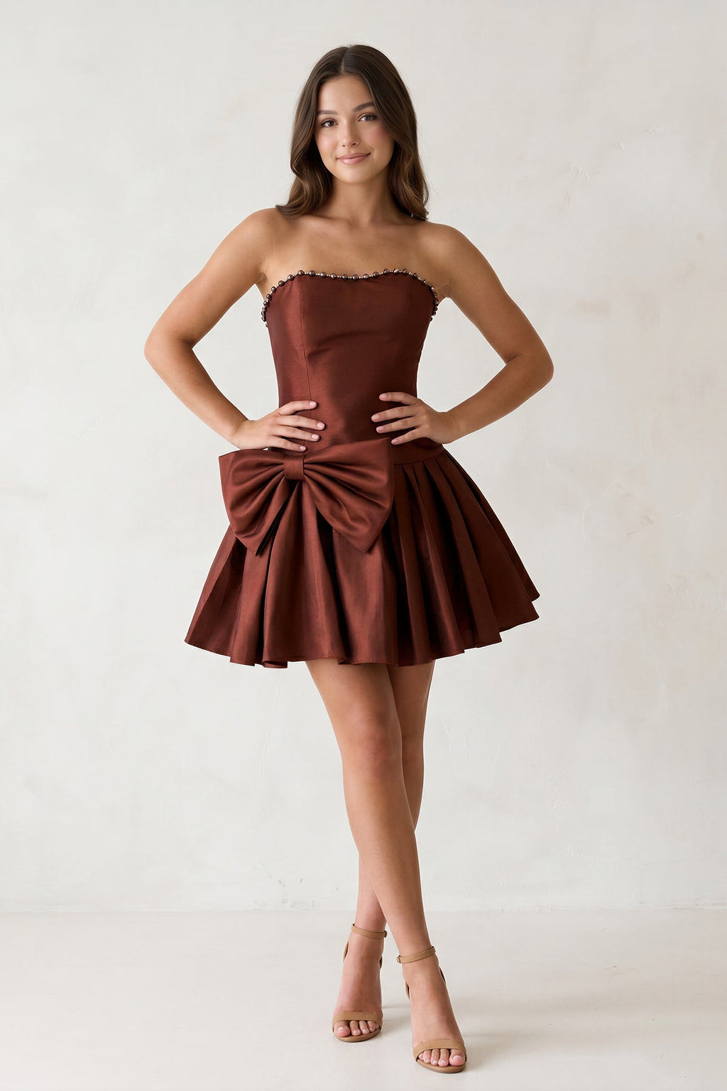Aqua Strapless A-Line Satin Ruched Bow Homecoming Dress With Pearl - Curvevia