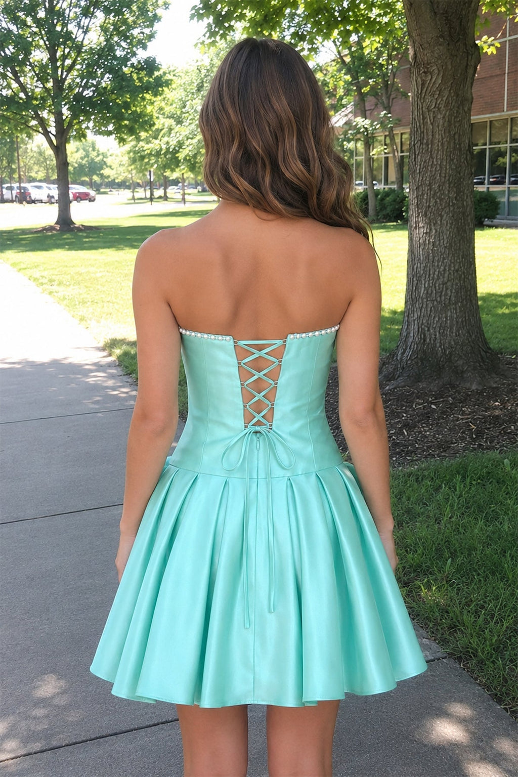 Aqua Strapless A-Line Satin Ruched Bow Homecoming Dress With Pearl - Curvevia