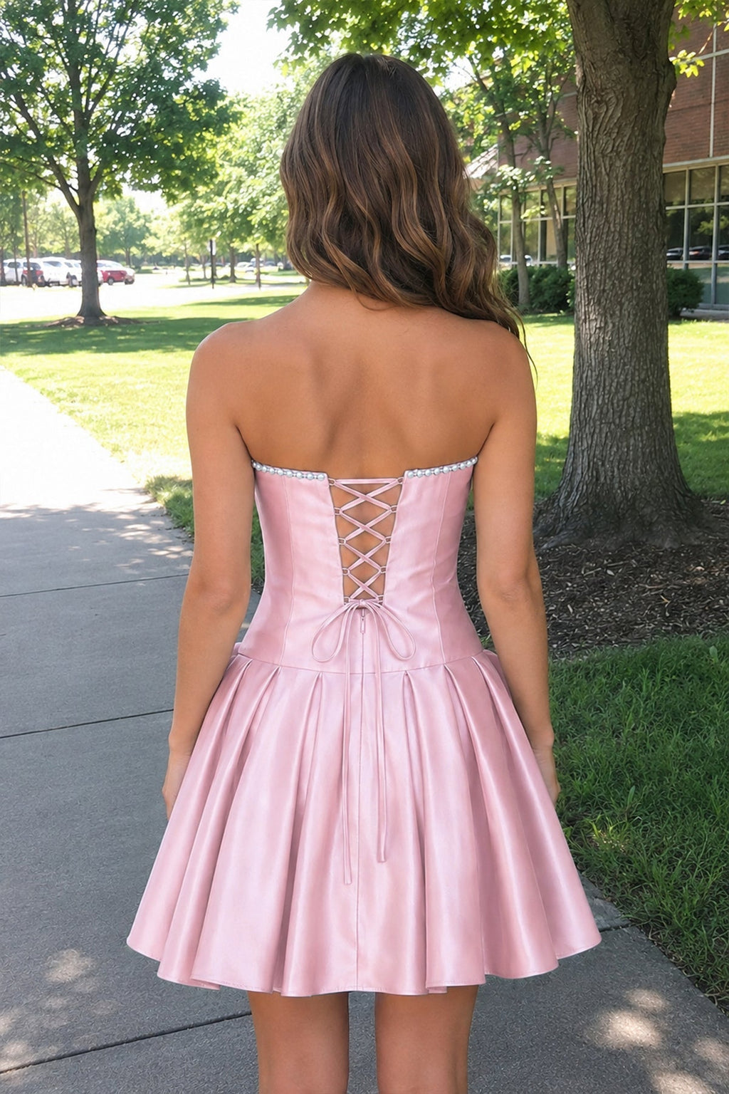 Aqua Strapless A-Line Satin Ruched Bow Homecoming Dress With Pearl - Curvevia