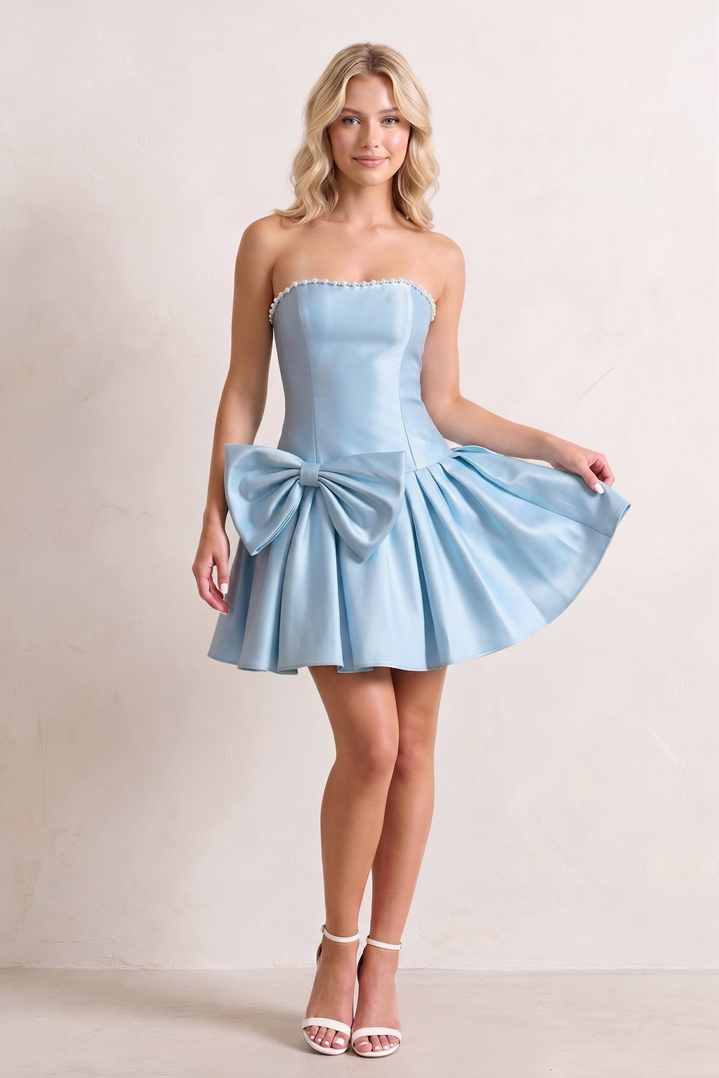 Aqua Strapless A-Line Satin Ruched Bow Homecoming Dress With Pearl - Curvevia