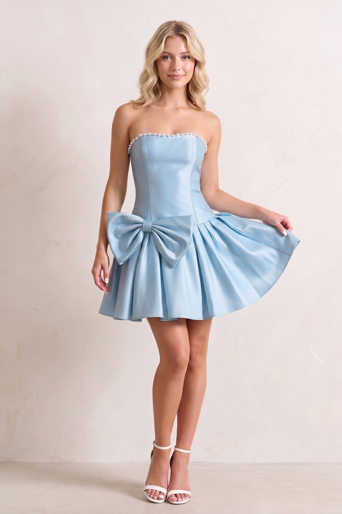 Aqua Strapless A-Line Satin Ruched Bow Homecoming Dress With Pearl - Curvevia