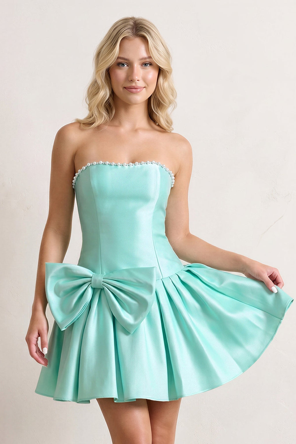 Aqua Strapless A-Line Satin Ruched Bow Homecoming Dress With Pearl - Curvevia