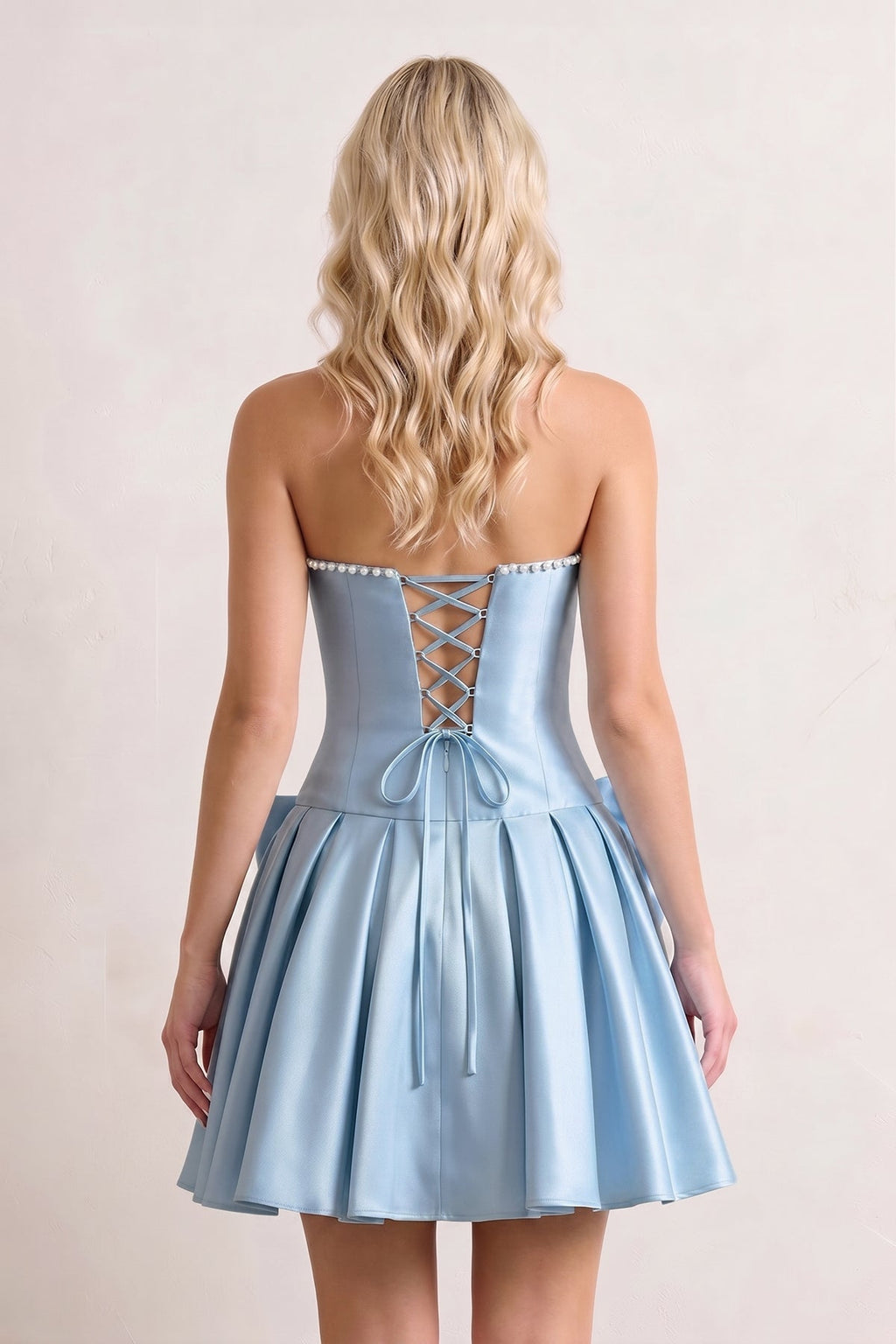 Aqua Strapless A-Line Satin Ruched Bow Homecoming Dress With Pearl - Curvevia