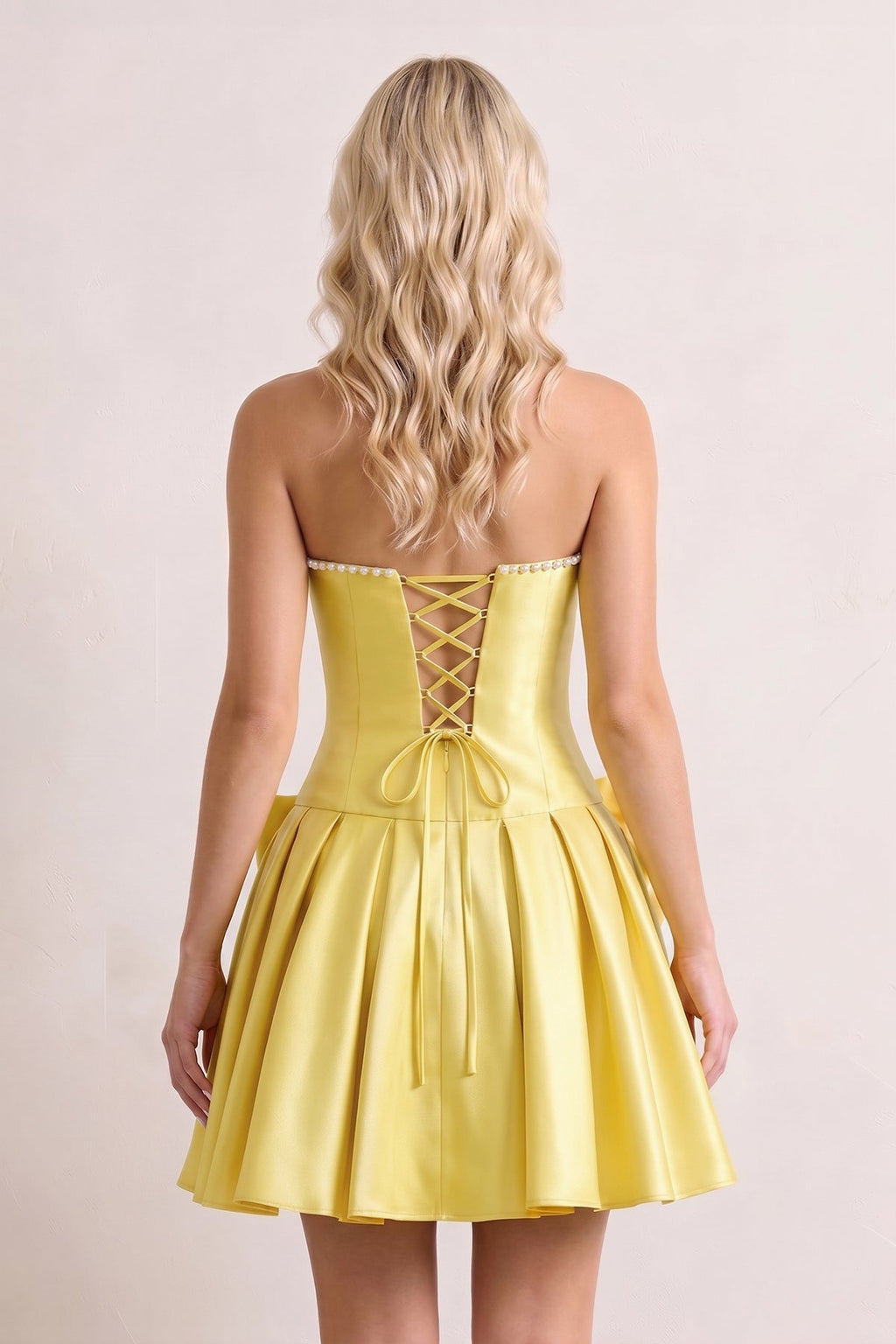 Aqua Strapless A-Line Satin Ruched Bow Homecoming Dress With Pearl - Curvevia