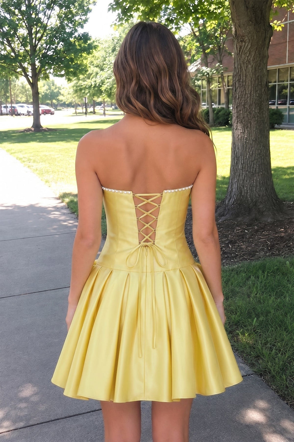 Aqua Strapless A-Line Satin Ruched Bow Homecoming Dress With Pearl - Curvevia