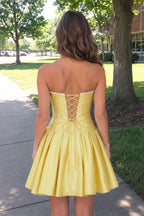 Aqua Strapless A-Line Satin Ruched Bow Homecoming Dress With Pearl - Curvevia