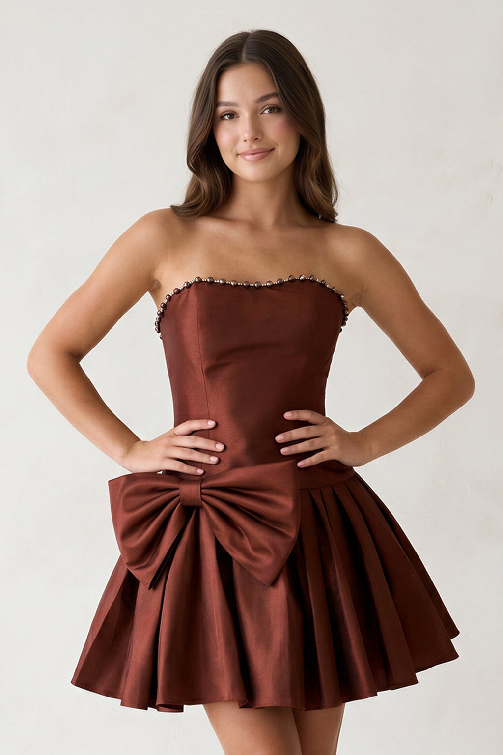 Aqua Strapless A-Line Satin Ruched Bow Homecoming Dress With Pearl - Curvevia