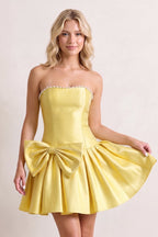 Aqua Strapless A-Line Satin Ruched Bow Homecoming Dress With Pearl - Curvevia