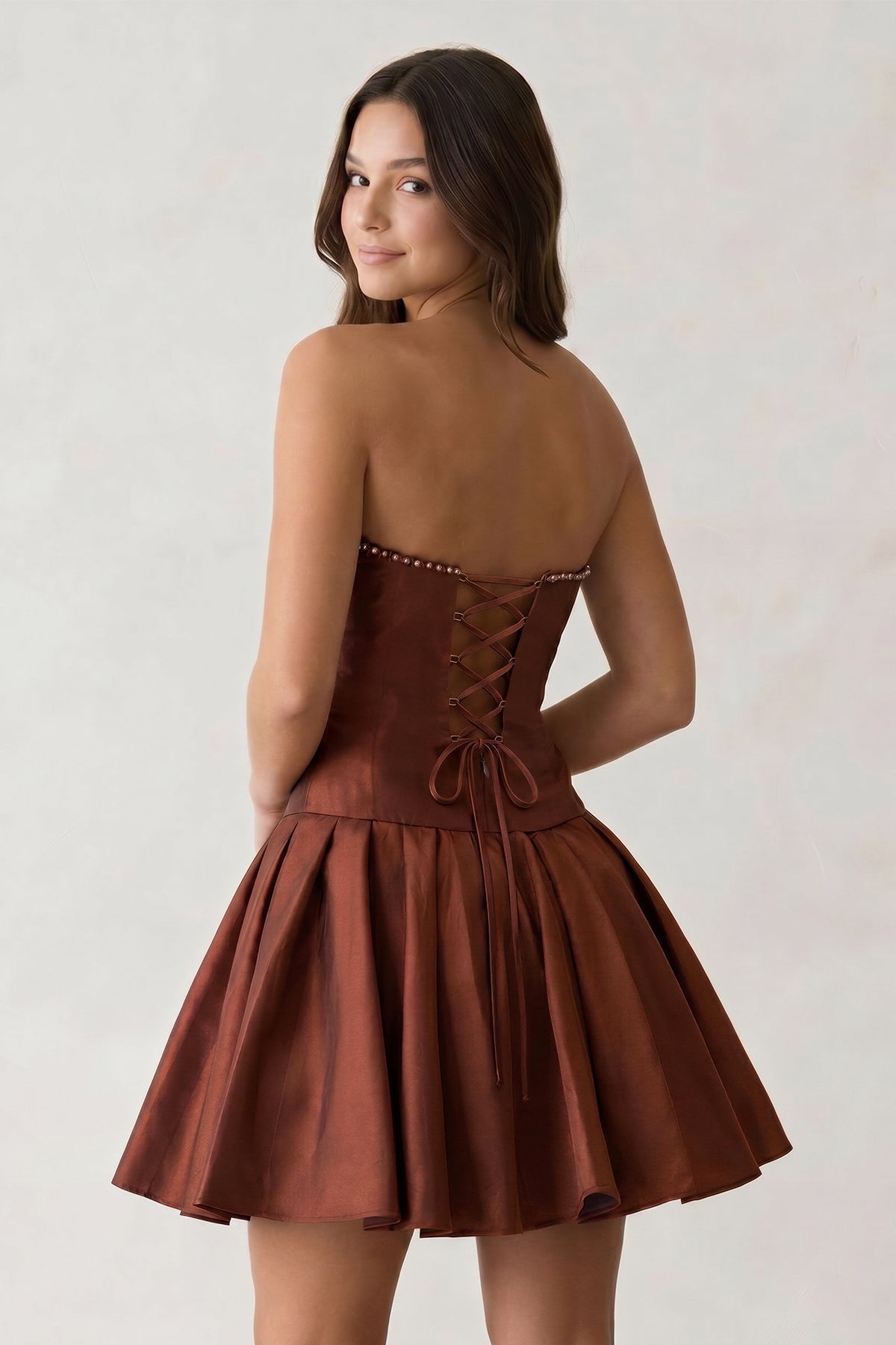 Aqua Strapless A-Line Satin Ruched Bow Homecoming Dress With Pearl - Curvevia