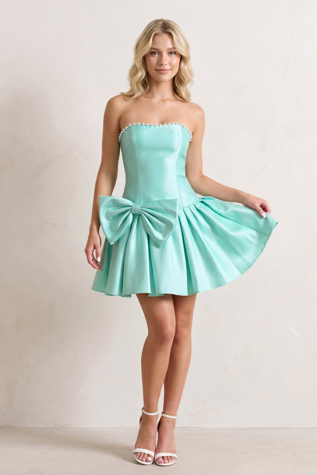 Aqua Strapless A-Line Satin Ruched Bow Homecoming Dress With Pearl - Curvevia