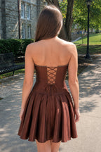 Aqua Strapless A-Line Satin Ruched Bow Homecoming Dress With Pearl - Curvevia
