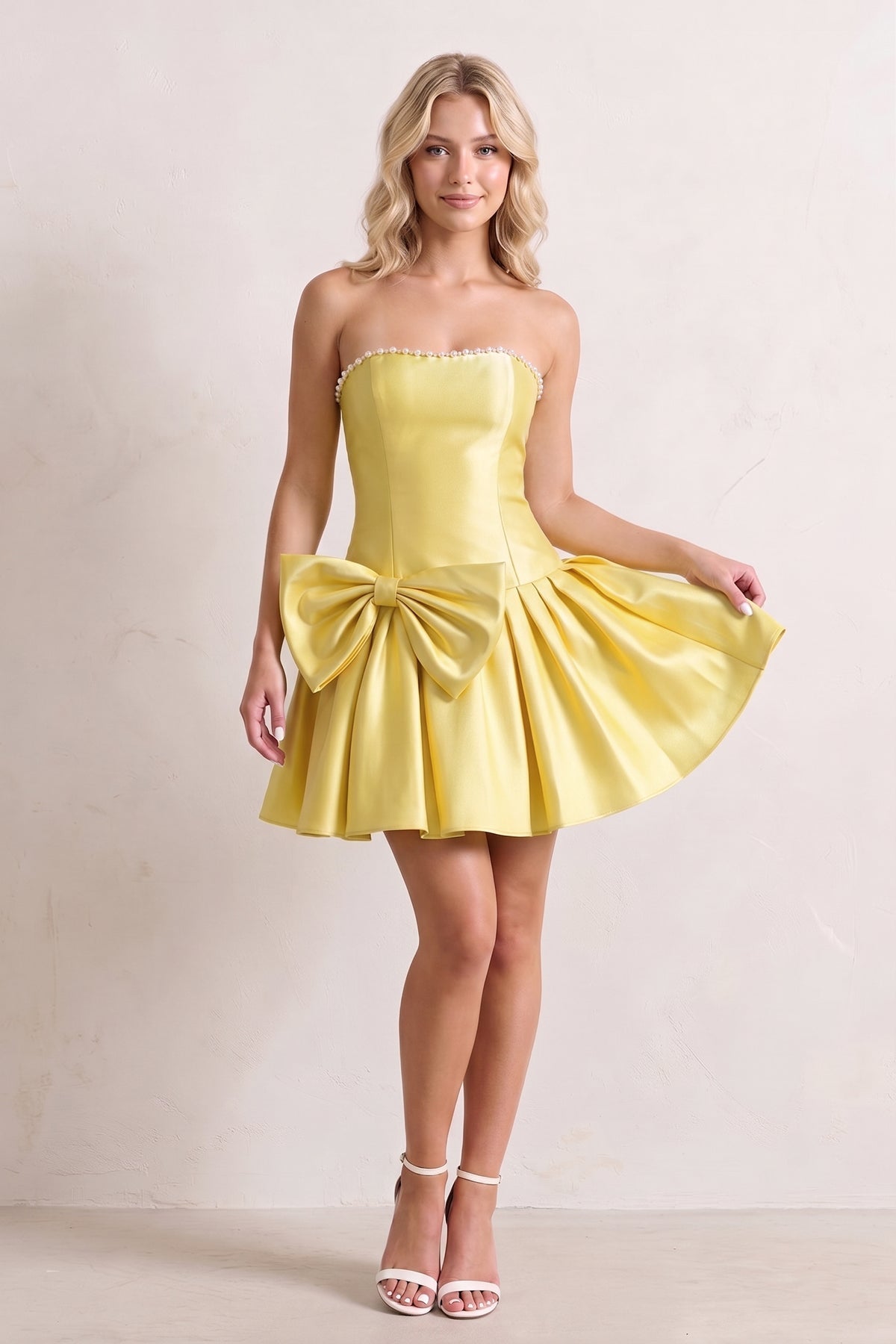 Aqua Strapless A-Line Satin Ruched Bow Homecoming Dress With Pearl - Curvevia