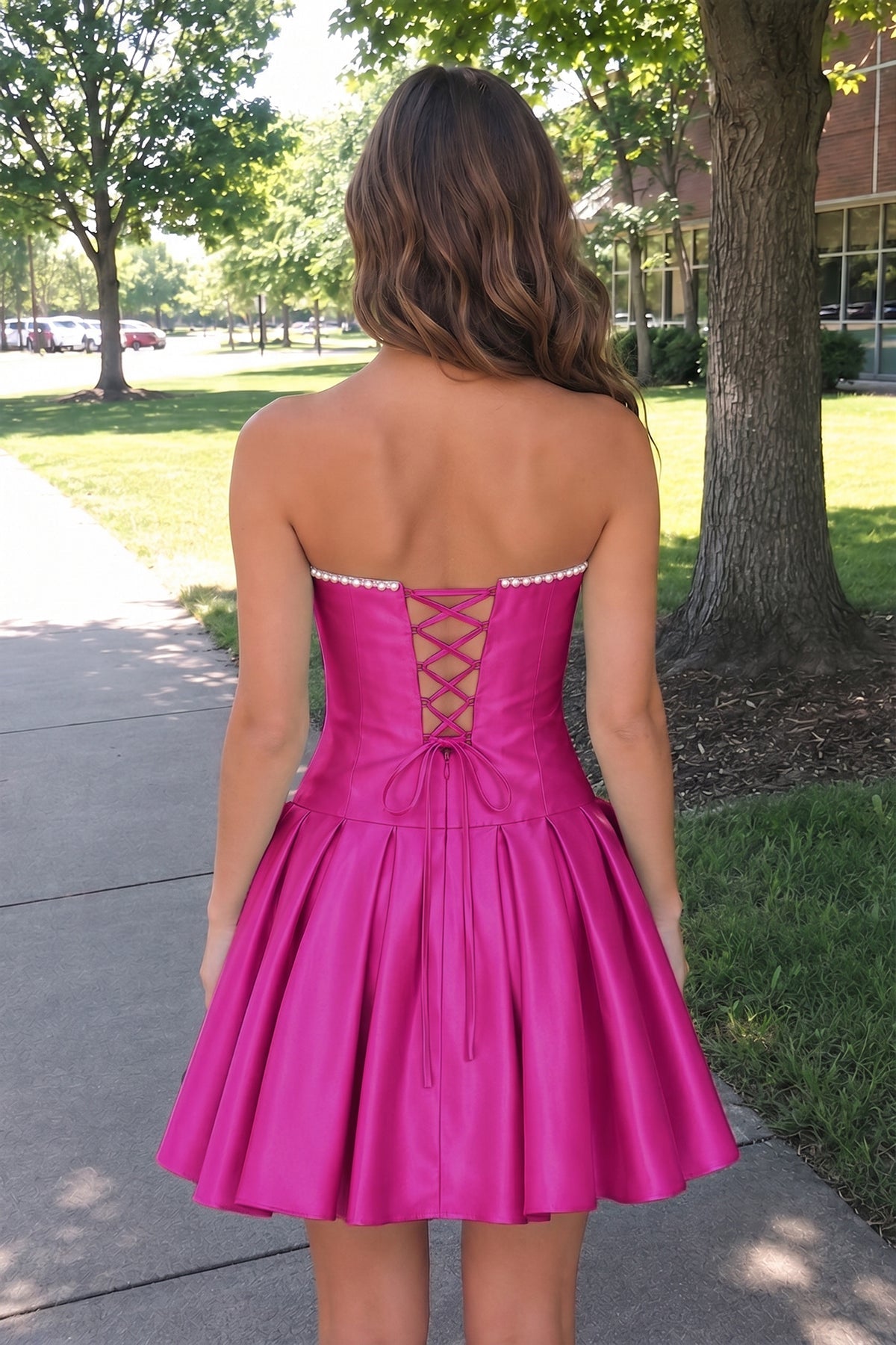 Aqua Strapless A-Line Satin Ruched Bow Homecoming Dress With Pearl - Curvevia