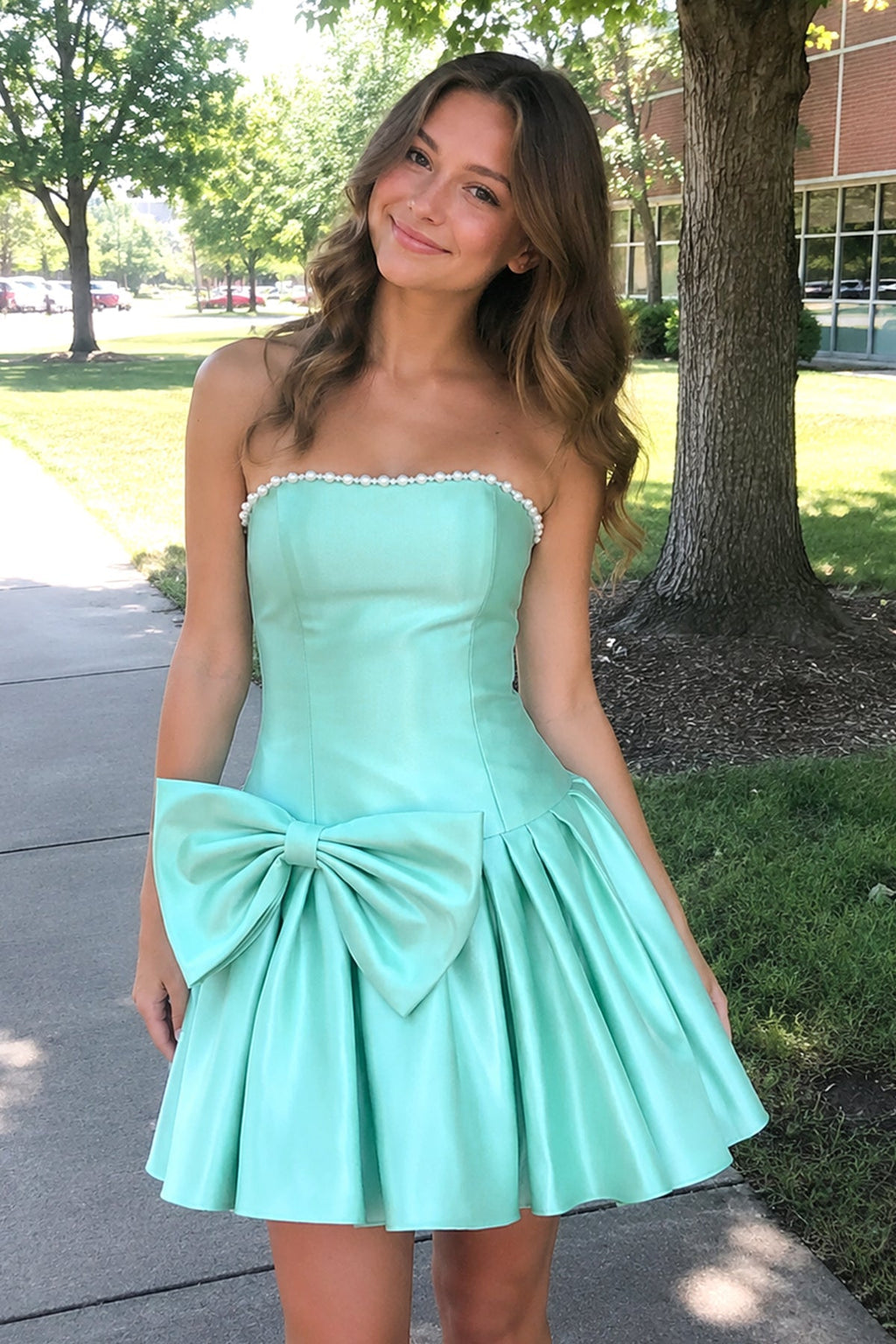 Aqua Strapless A-Line Satin Ruched Bow Homecoming Dress With Pearl - Curvevia