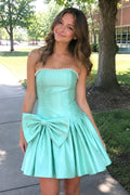 Aqua Strapless A-Line Satin Ruched Bow Homecoming Dress With Pearl - Curvevia