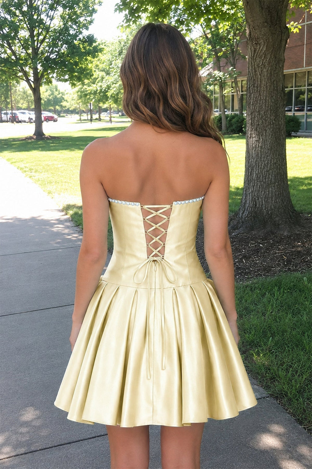 Aqua Strapless A-Line Satin Ruched Bow Homecoming Dress With Pearl - Curvevia