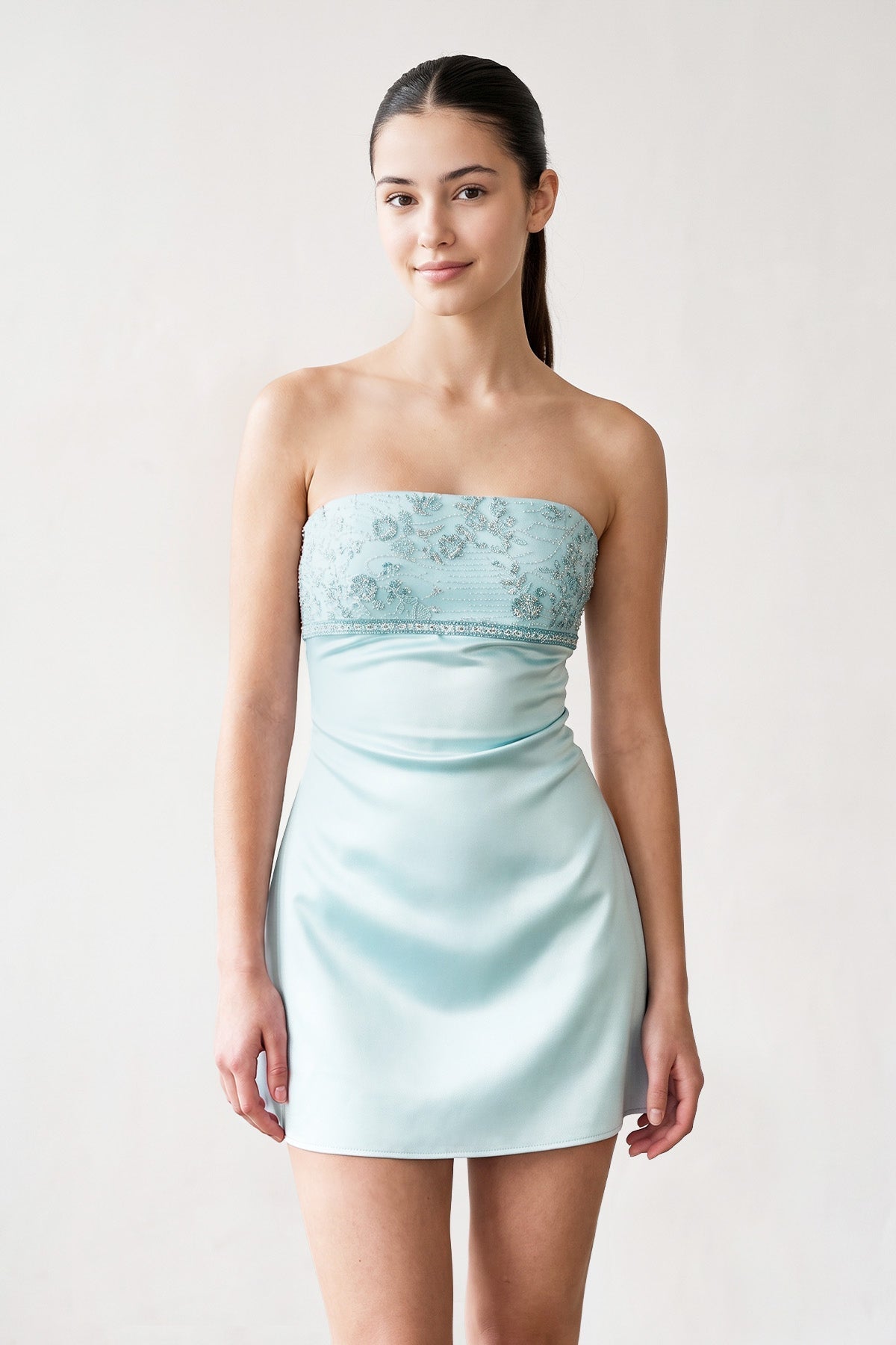 Aqua Strapless Appliqued Satin Sheath Homecoming Dress - Curvevia