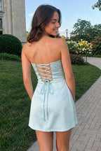 Aqua Strapless Appliqued Satin Sheath Homecoming Dress - Curvevia
