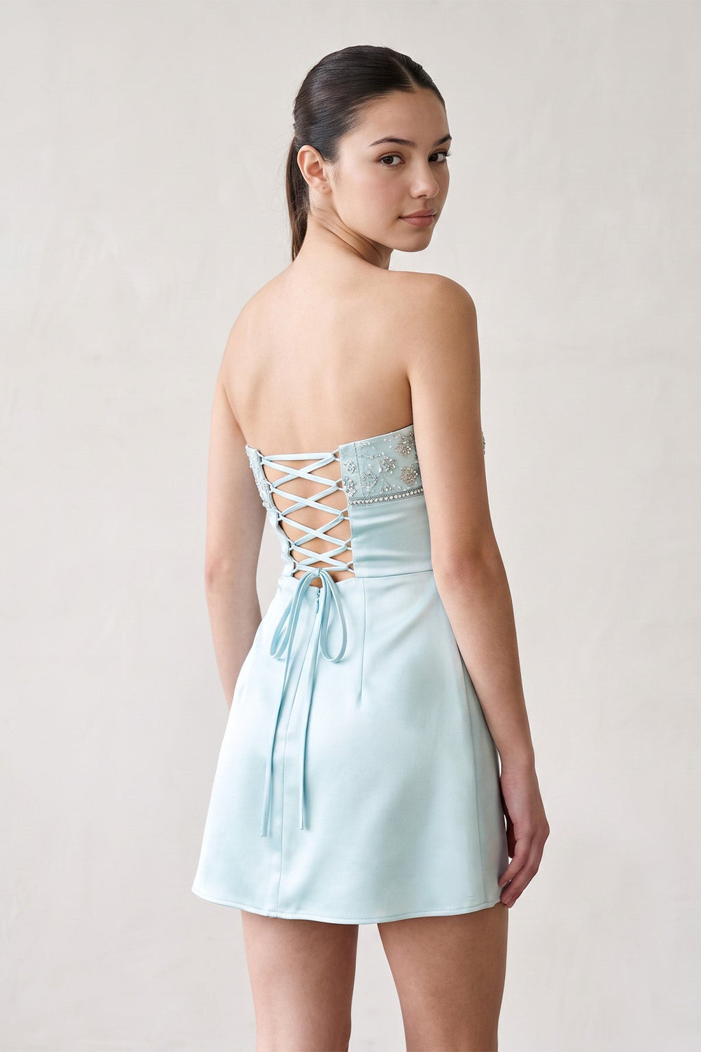 Aqua Strapless Appliqued Satin Sheath Homecoming Dress - Curvevia