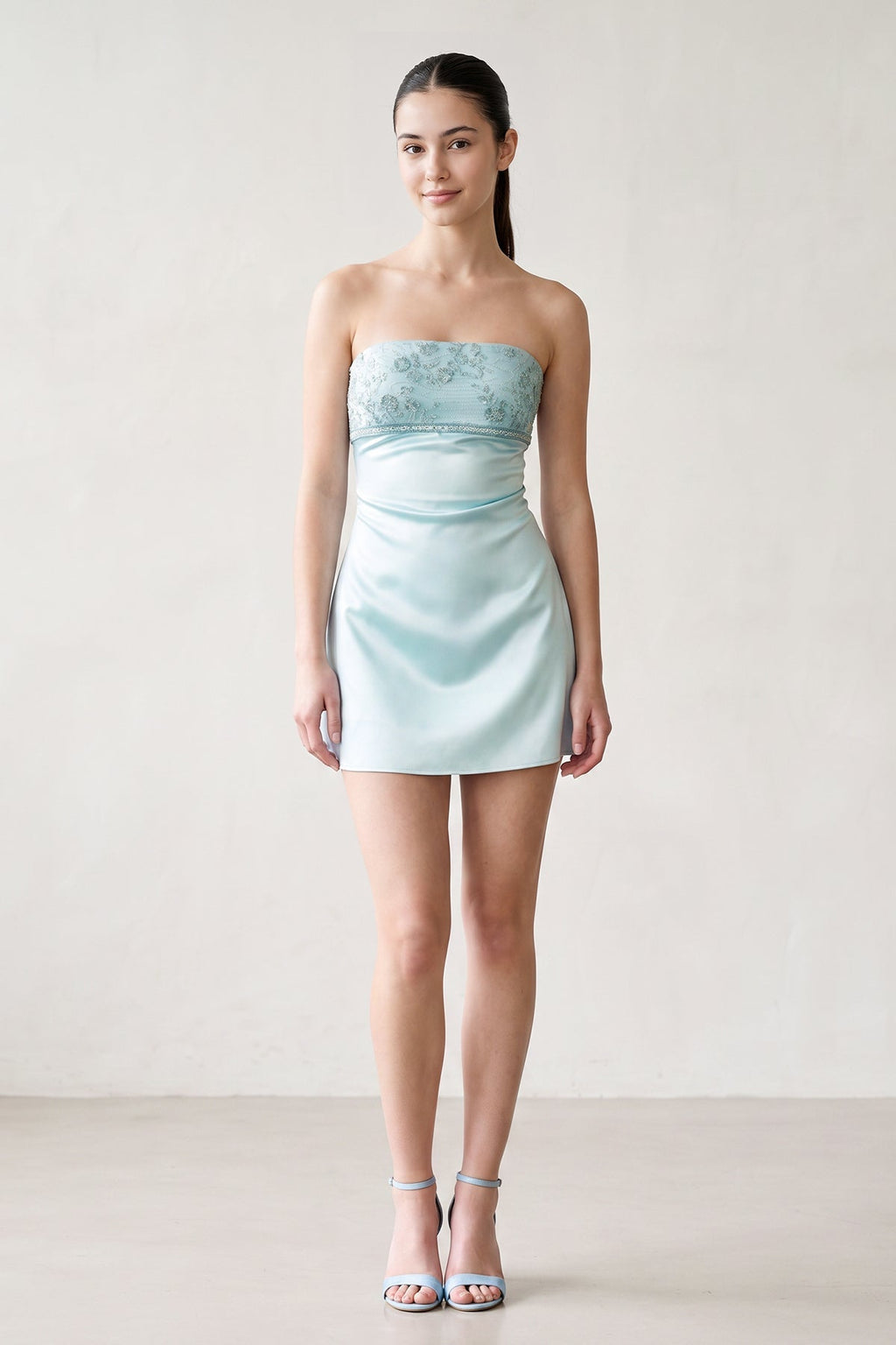 Aqua Strapless Appliqued Satin Sheath Homecoming Dress - Curvevia