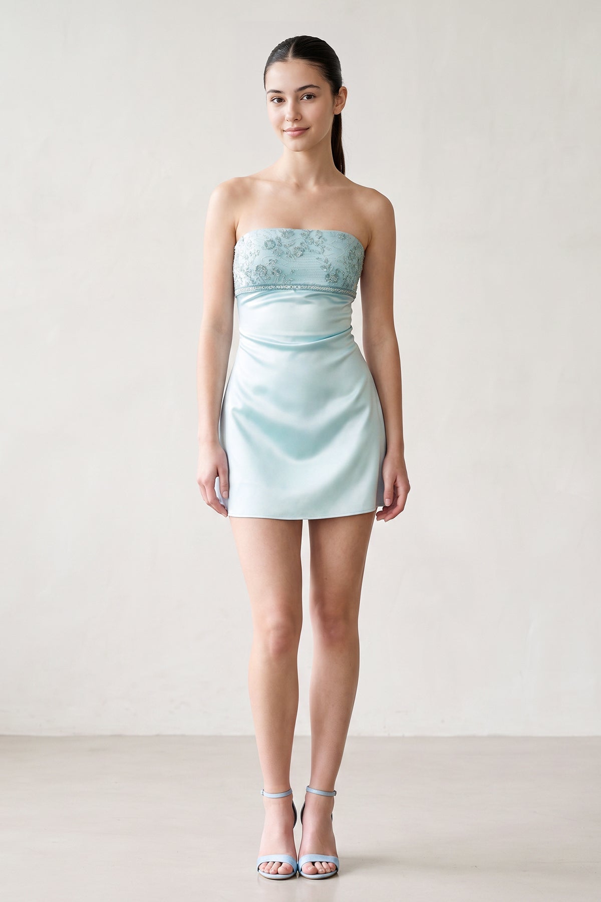 Aqua Strapless Appliqued Satin Sheath Homecoming Dress - Curvevia