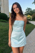 Aqua Strapless Appliqued Satin Sheath Homecoming Dress - Curvevia