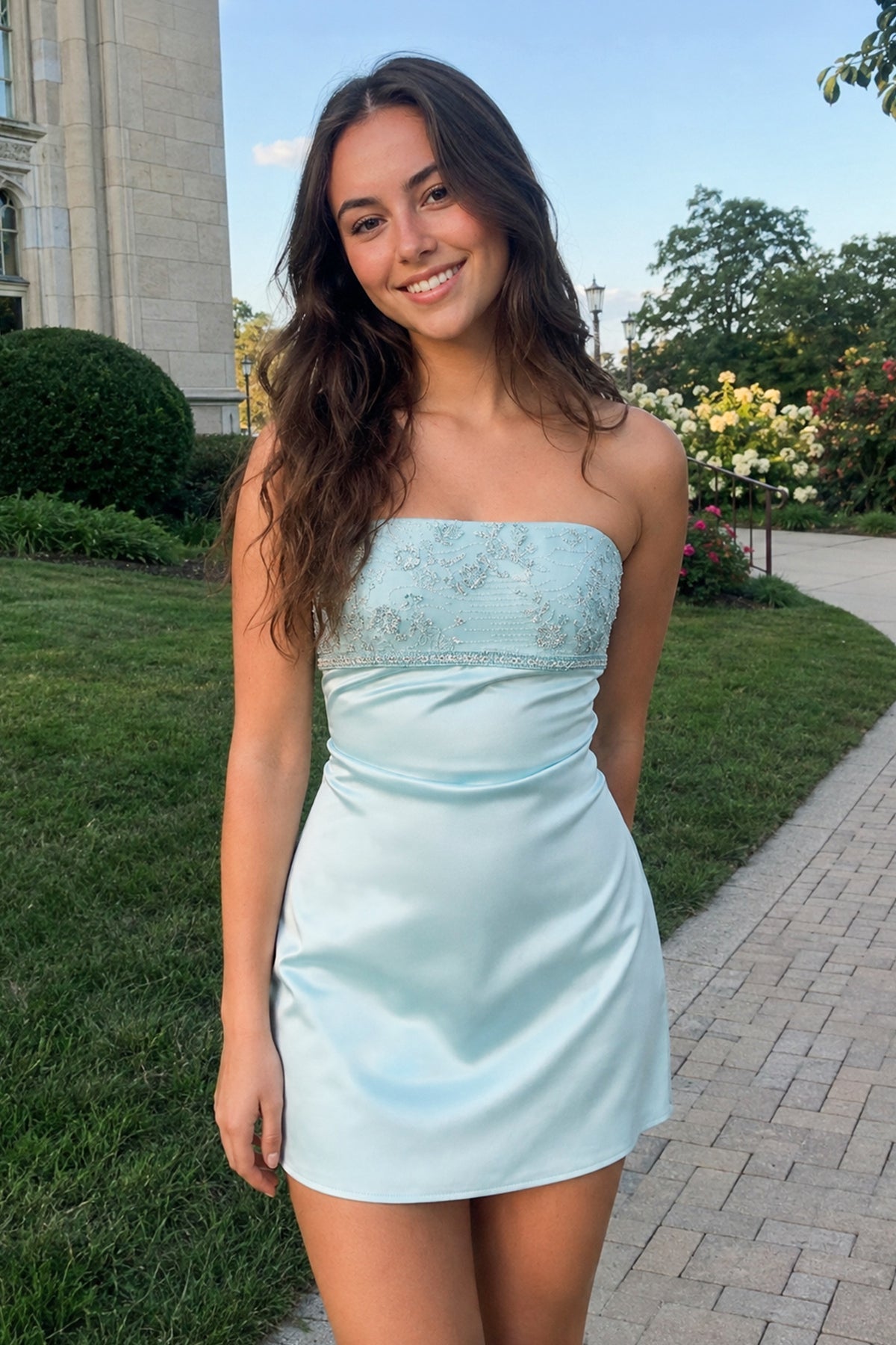 Aqua Strapless Appliqued Satin Sheath Homecoming Dress - Curvevia