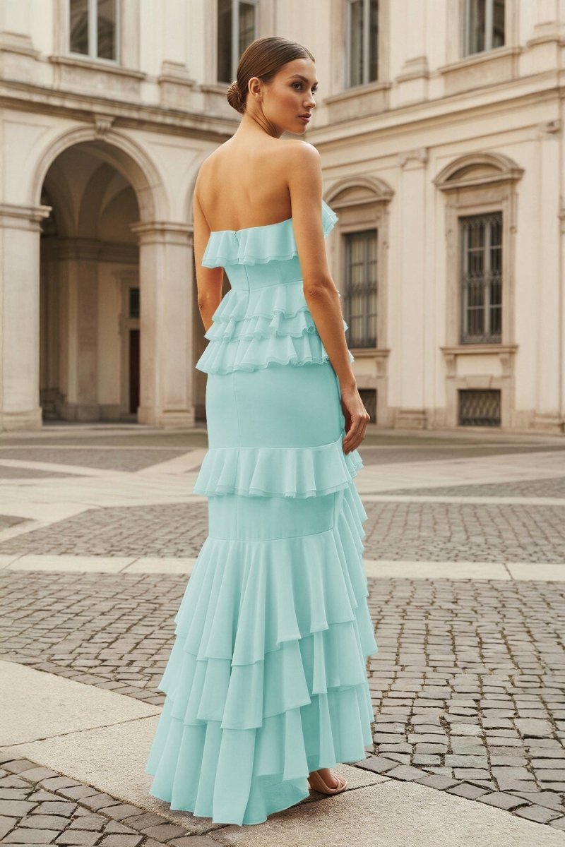 Pink Strapless Sheath Chiffon Ruffled Long Wedding Guest Dress - Curvevia