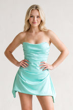 Navy Blue Strapless Sheath Irregular Hem Satin Short Homecoming & Cocktail Dress - Curvevia