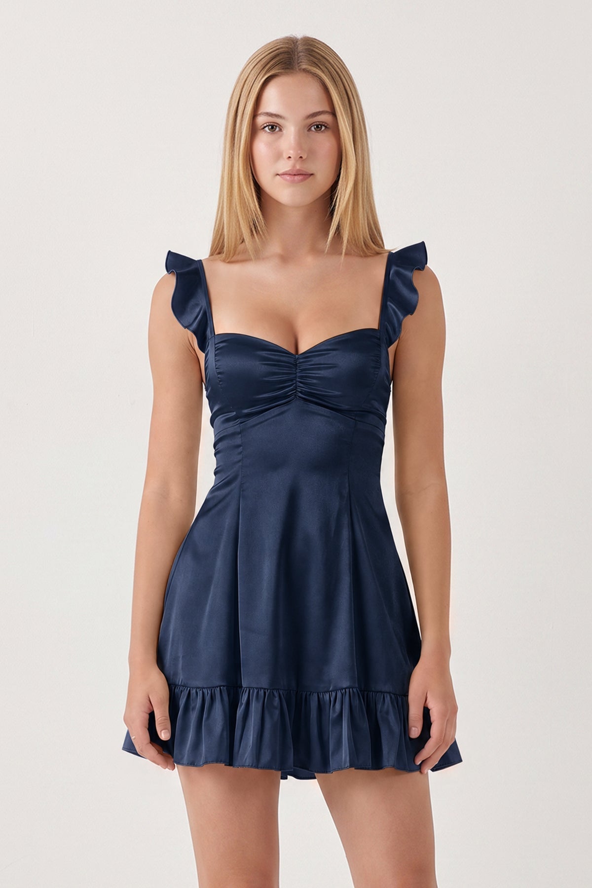 Aqua Sweetheart Ruffled A-Line Satin Wedding Guest Dress - Curvevia