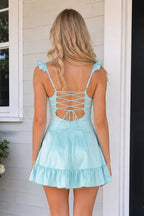 Aqua Sweetheart Ruffled A-Line Satin Wedding Guest Dress - Curvevia