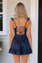 Aqua Sweetheart Ruffled A-Line Satin Wedding Guest Dress - Curvevia