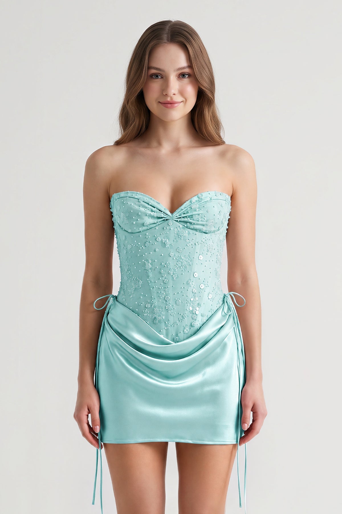Pink Sweetheart Sheath Corset Ruched Satin Homecoming Dress with Beading - Curvevia