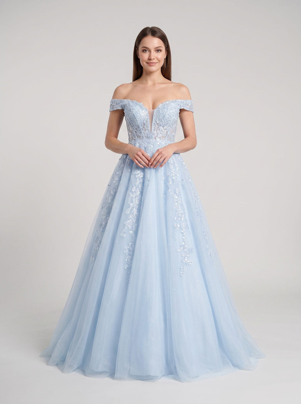 Mist Tulle A-Line Off-the-Shoulder Corset Back Floor-Length Dress with Sequin Embroidery - Curvevia