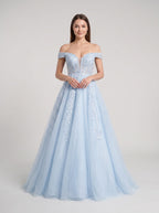 Mist Tulle A-Line Off-the-Shoulder Corset Back Floor-Length Dress with Sequin Embroidery - Curvevia