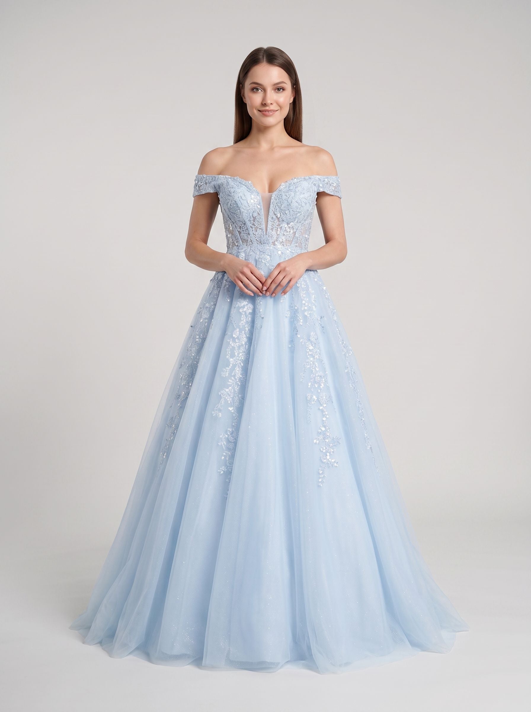Mist Tulle A-Line Off-the-Shoulder Corset Back Floor-Length Dress with Sequin Embroidery - Curvevia