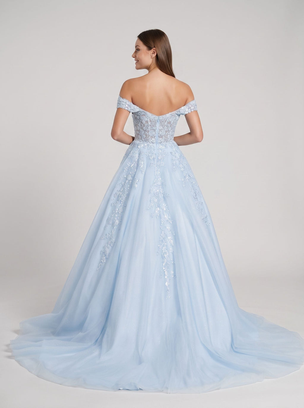 Mist Tulle A-Line Off-the-Shoulder Corset Back Floor-Length Dress with Sequin Embroidery - Curvevia